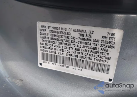 2006 Honda Odyssey Touring из США, поврежденный, VIN 5FNRL38816B120166